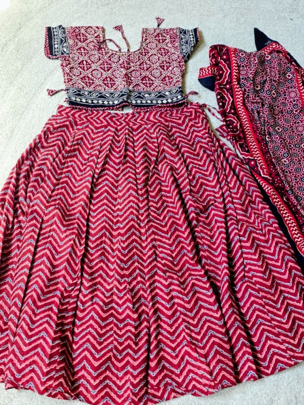 Maroon Chaniya Choli Lehenga Set Ajrakh Dupatta Blouse 36 Navratri